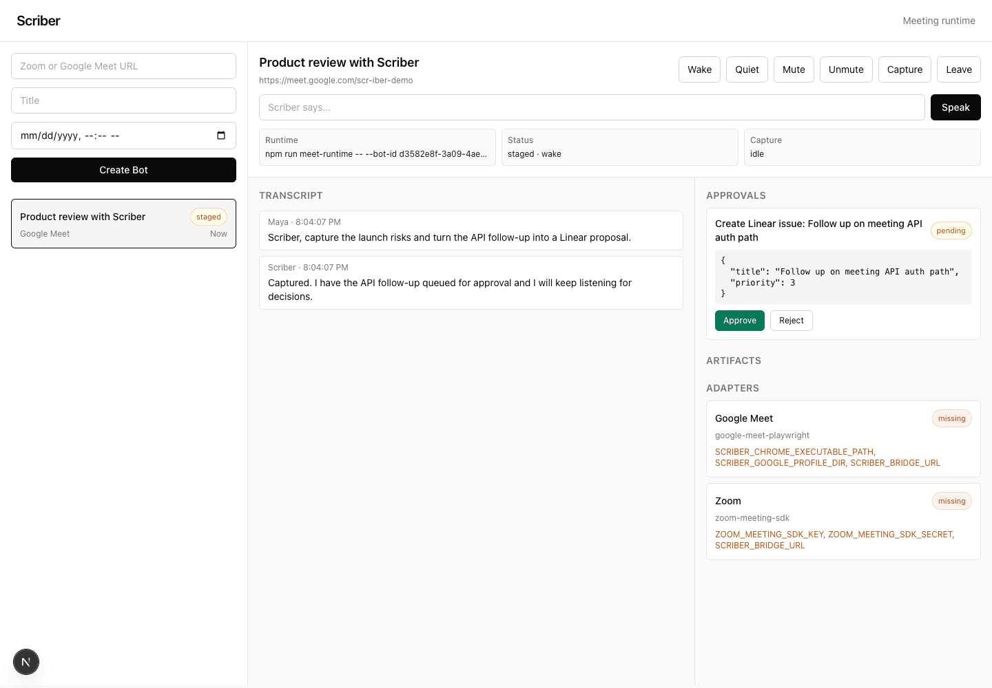 Scriber meeting dashboard with transcript and approval controls